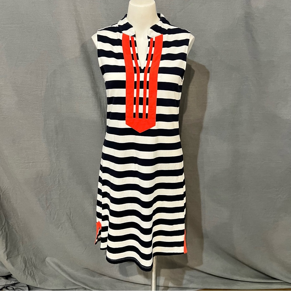Duffield Lane Navy and White Striped Dress with Red Detail